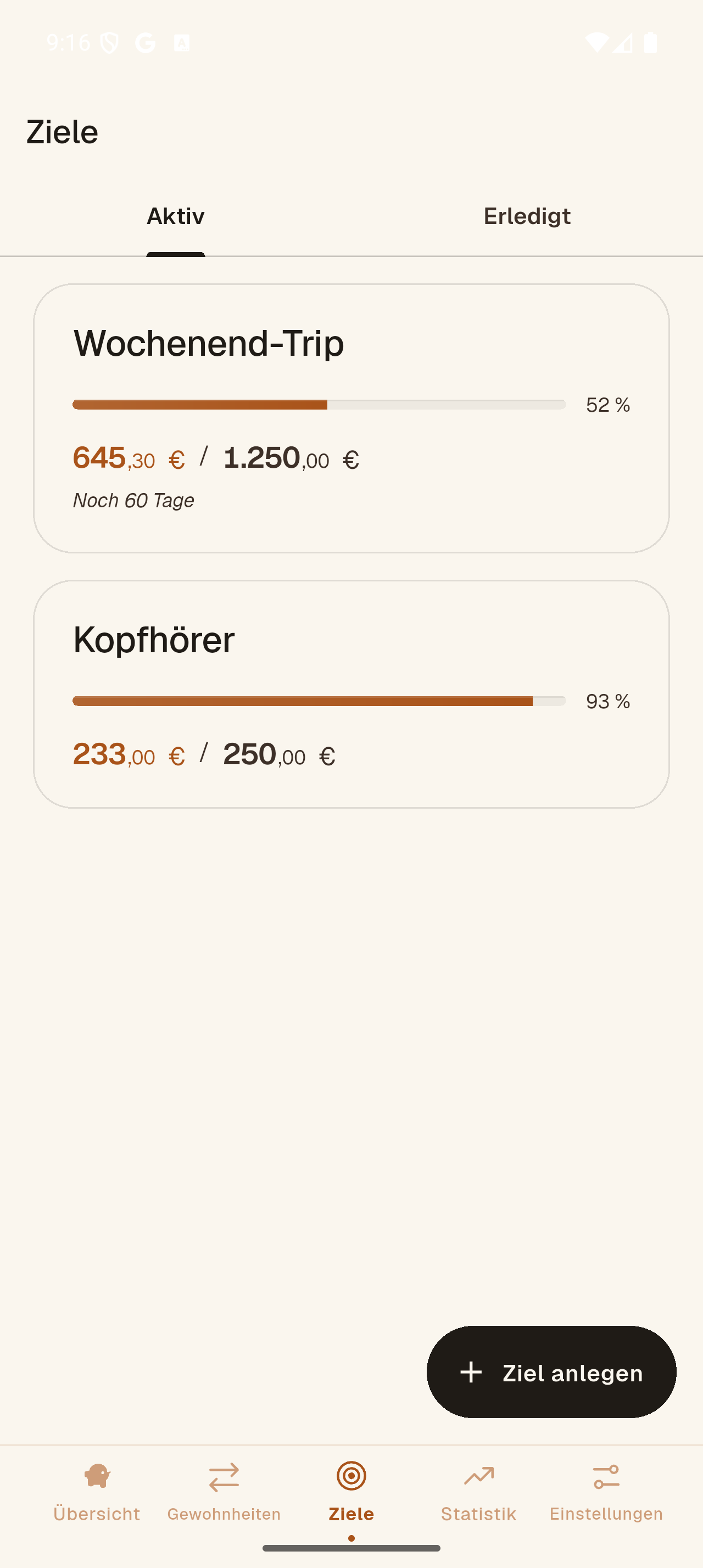 Sparely-Ziele mit „Wochenendtrip“ bei 65 % und „Kopfhörer“ bei 93 %
