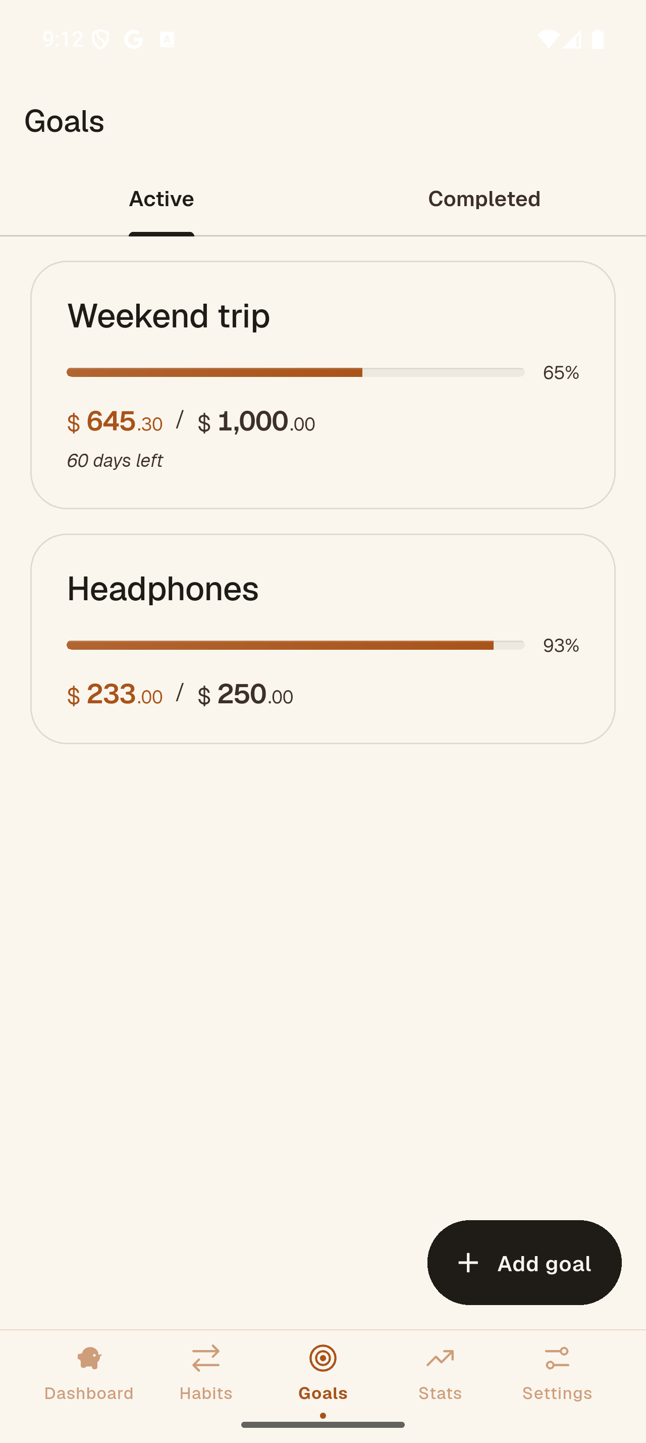 Sparely goals screen with a Weekend trip goal at 65% and a Headphones goal at 93%