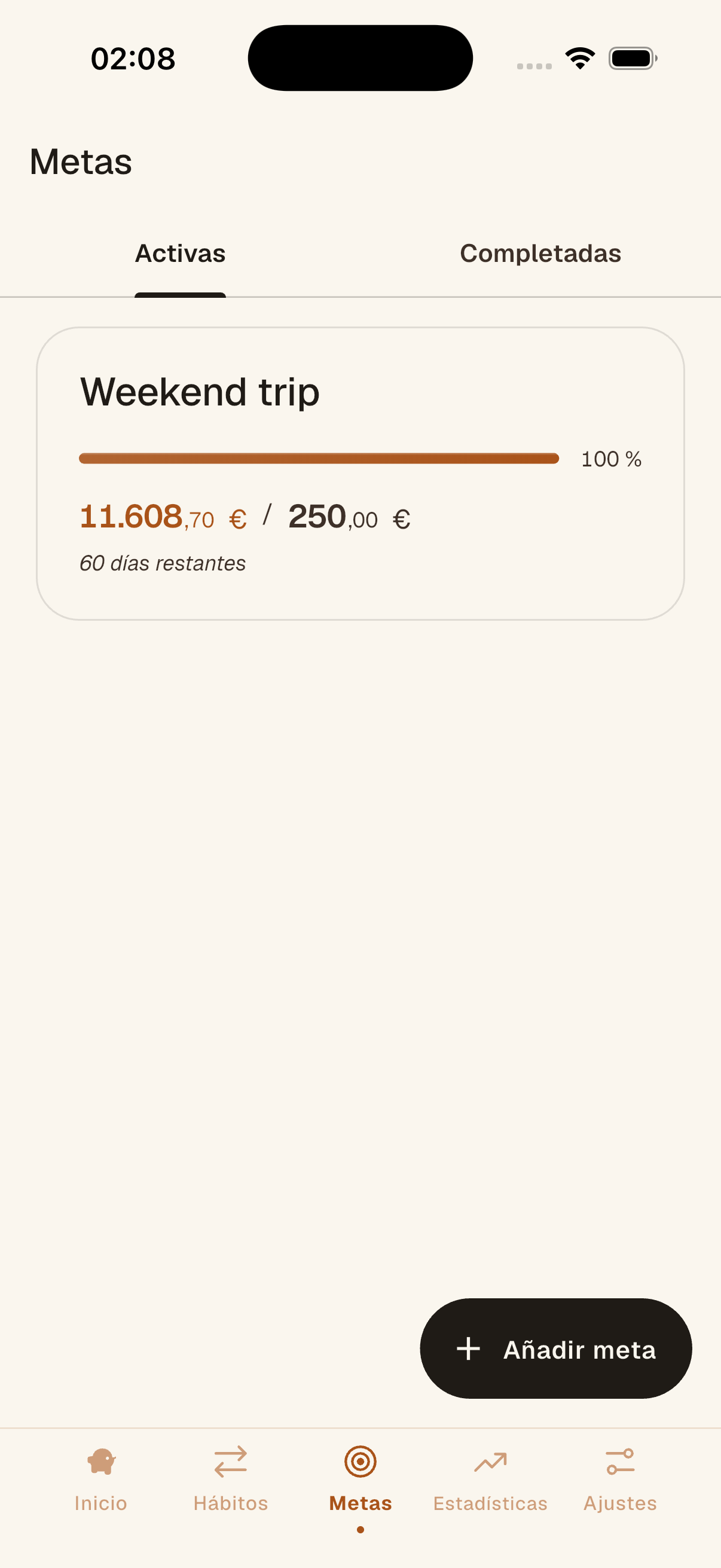 Pantalla de metas de Sparely con una meta de viaje de fin de semana al 65 % y una de auriculares al 93 %