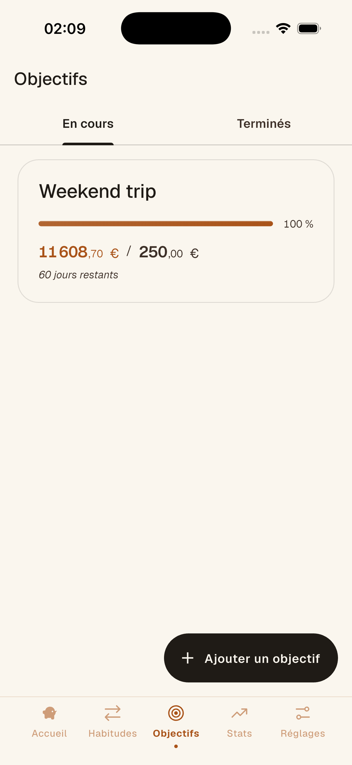 Écran des objectifs Sparely avec un objectif week-end à 65 % et un objectif casque à 93 %
