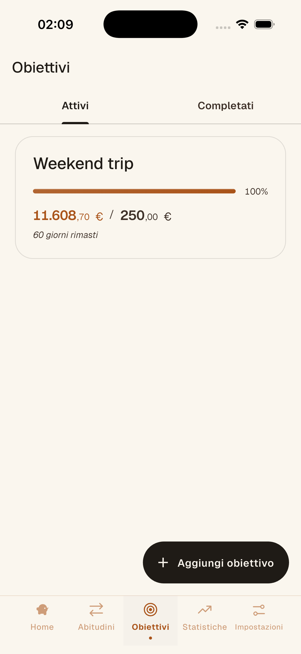 Schermata degli obiettivi di Sparely con un obiettivo gita del weekend al 65 % e uno per le cuffie al 93 %