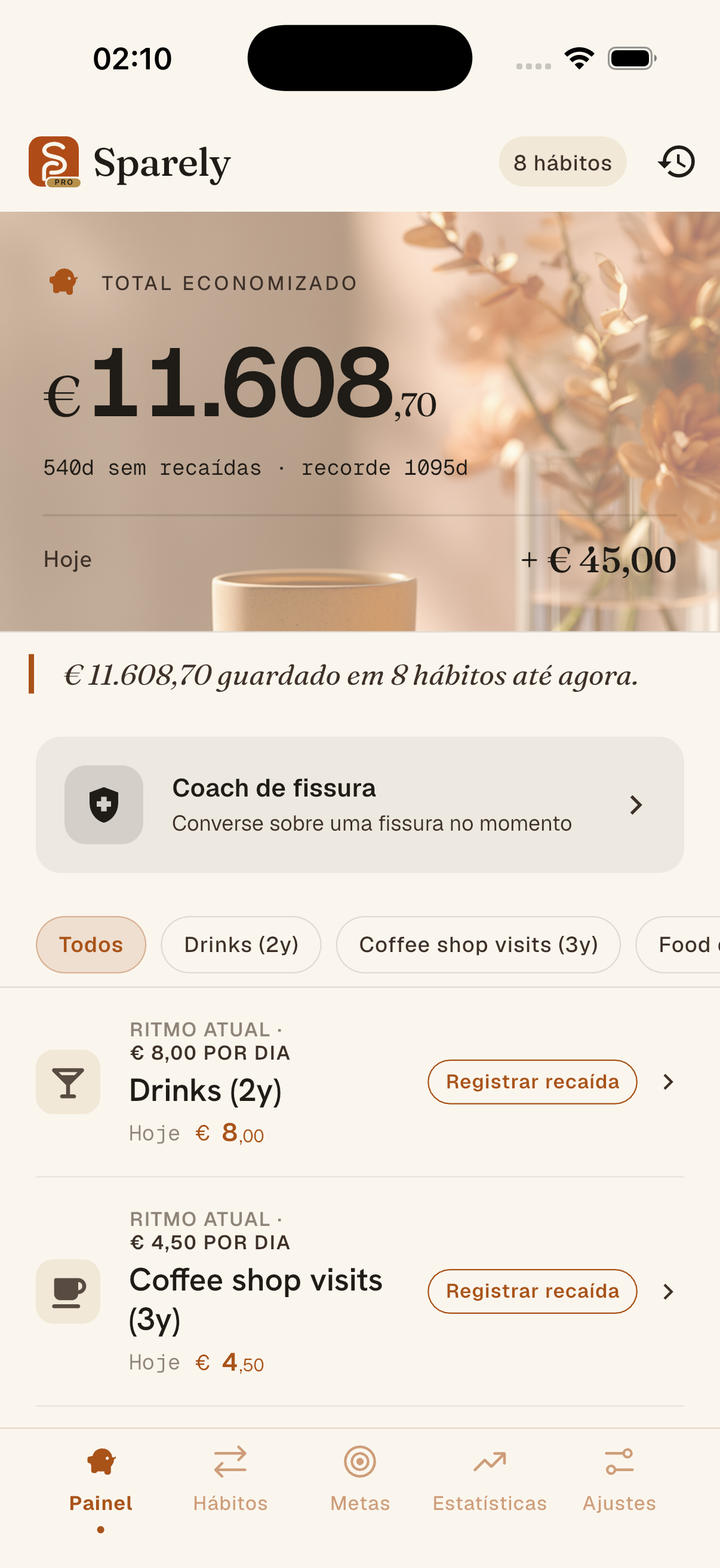 Prévia do registro de economias do Sparely