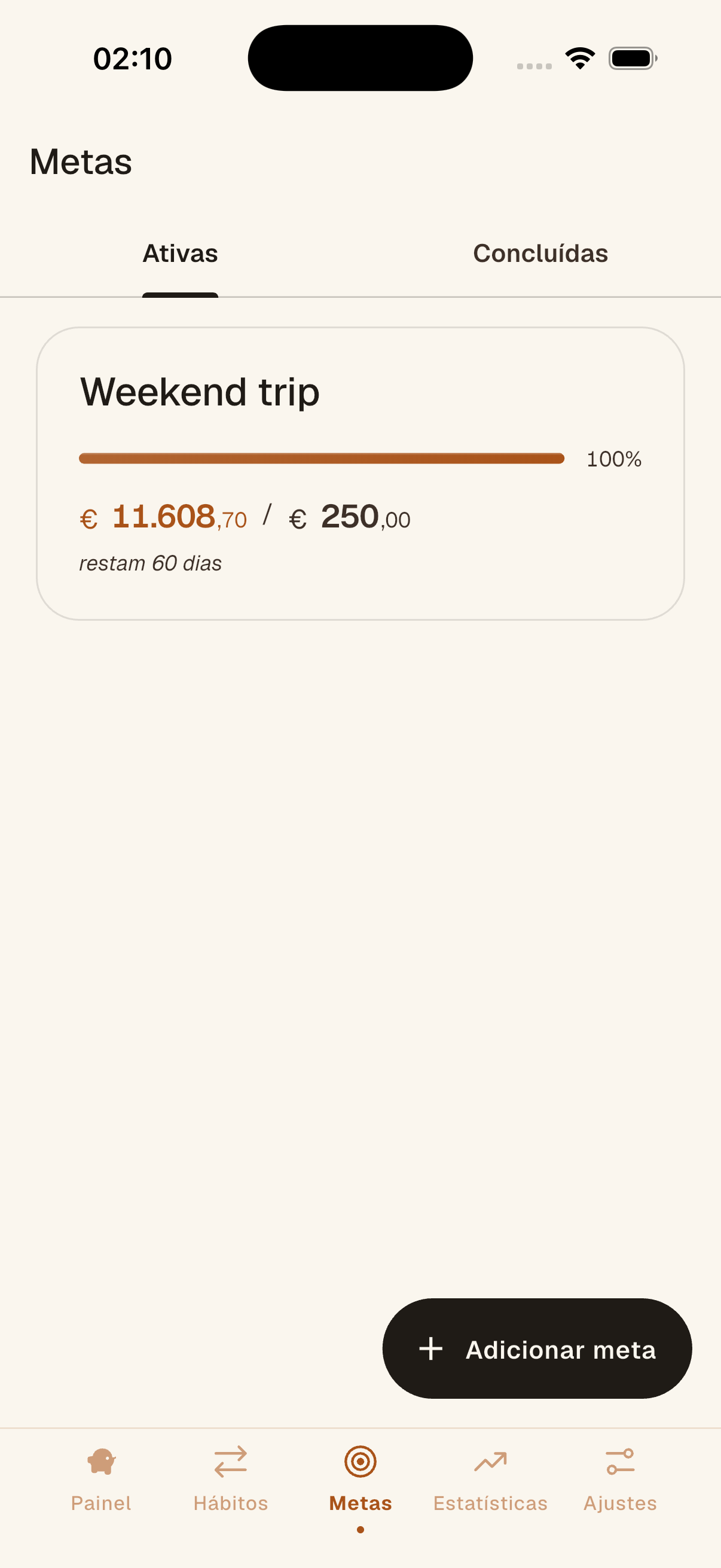 Tela de metas do Sparely com uma meta de Viagem de fim de semana em 65% e uma meta de Fones de ouvido em 93%